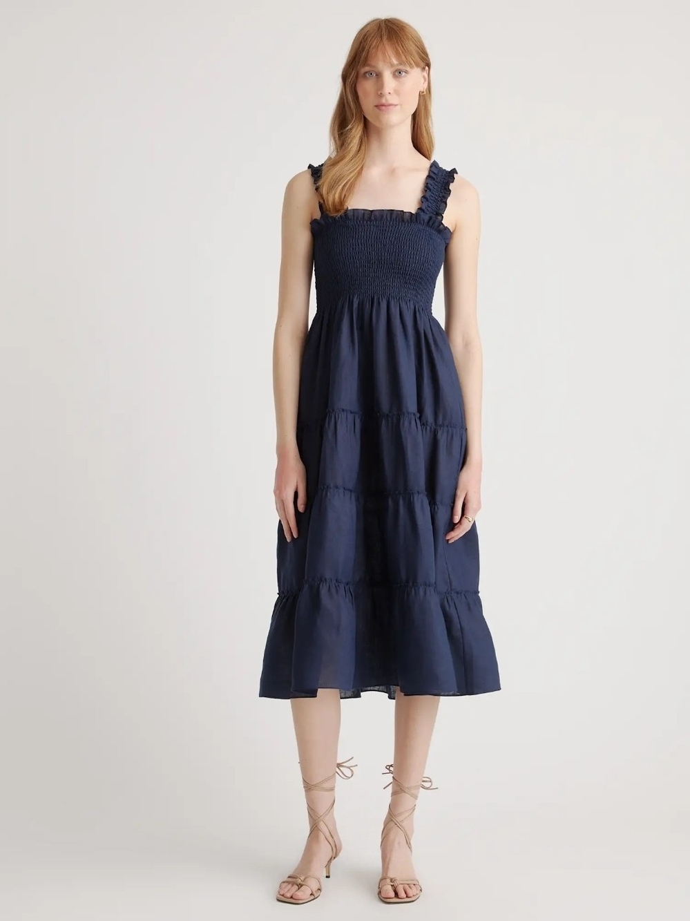 Quince (M) 100% European Linen Smocked Midi Dress Navy Blue